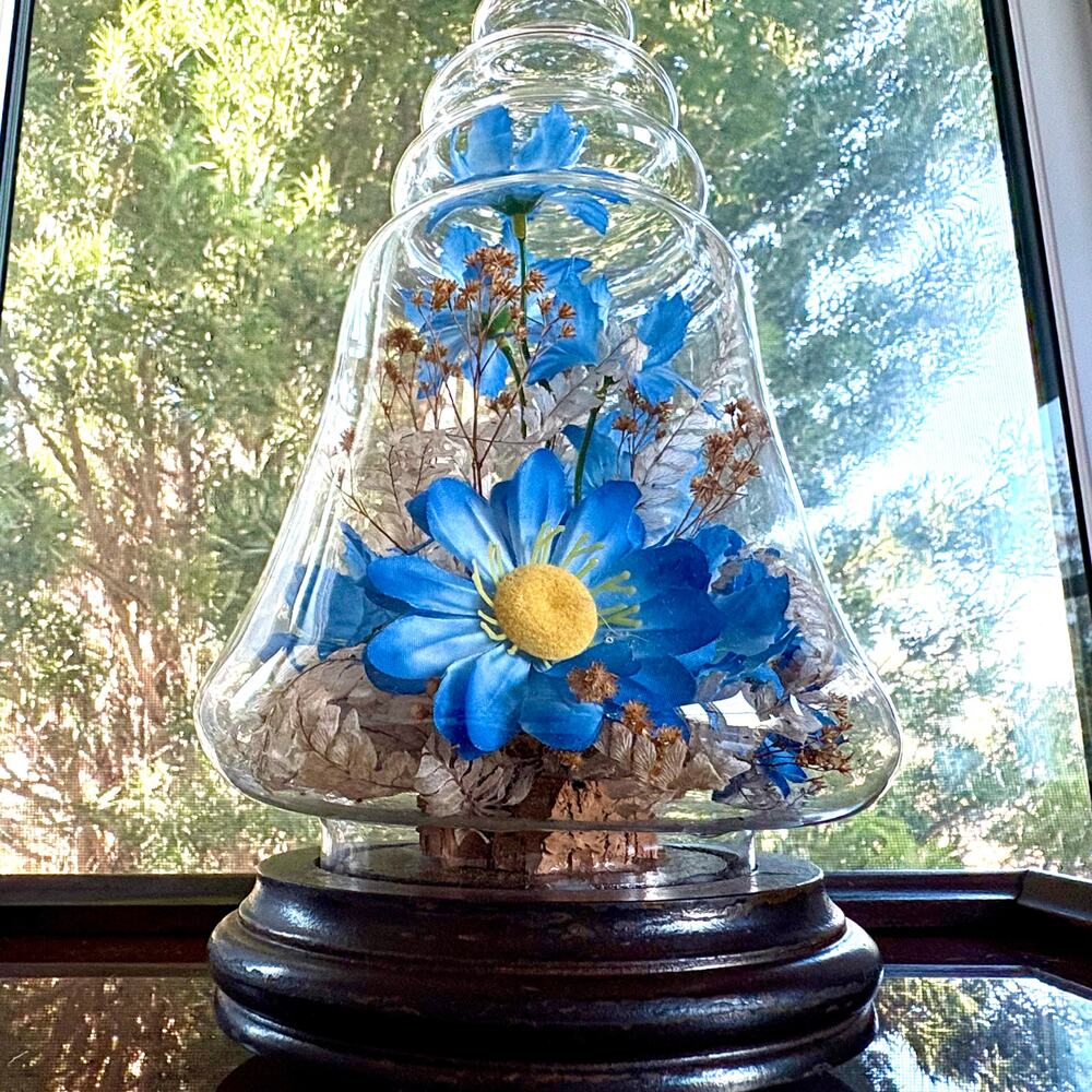Vintage Glass Bell Jar Dome with Blue Floral Arrangement on Wood Base